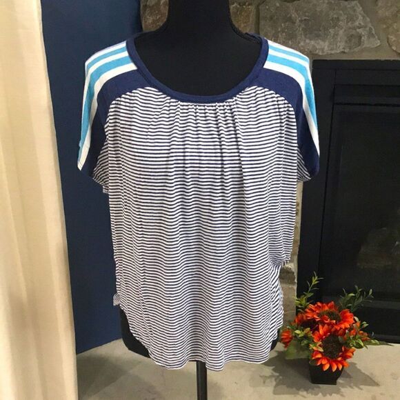 Max Studio Women's Striped Short Sleeve Top, Medium, Blues and White - Picture 1 of 8
